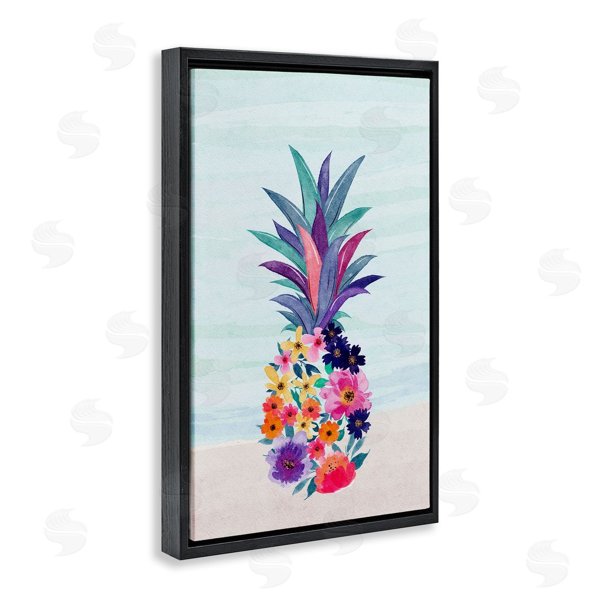 JJ Design House LLC Floral Pineapple Beach Black Floating Frame Canvas Wall Art Print
