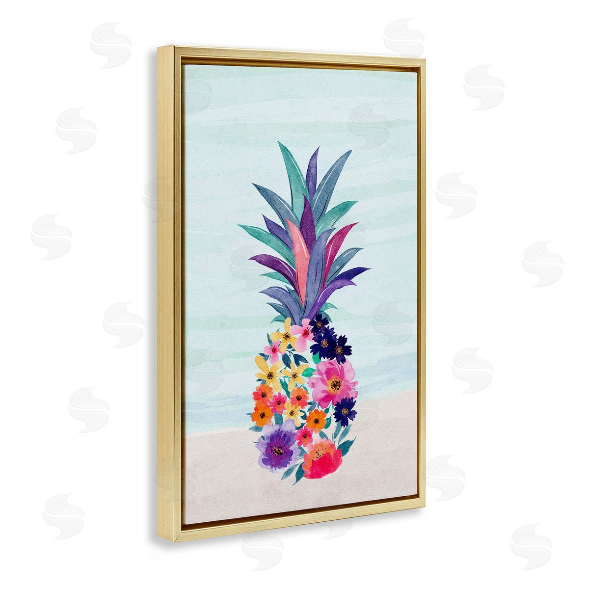 JJ Design House LLC Floral Pineapple Beach Gold Floating Frame Canvas Wall Art Print