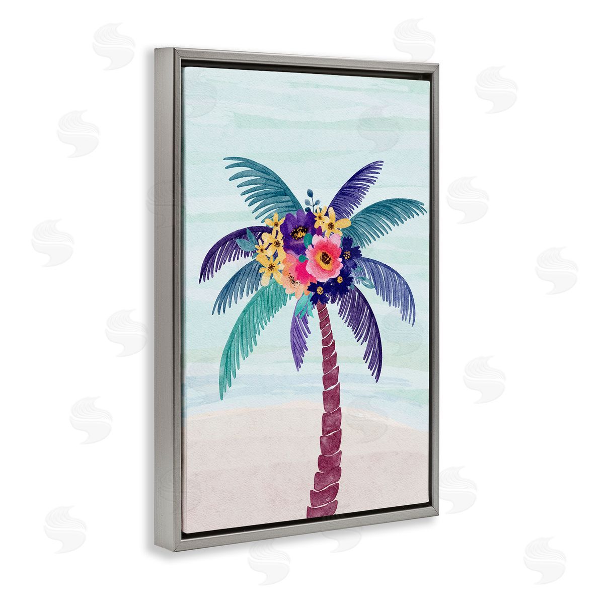 JJ Design House LLC Floral Palm Tree Beach Gray Floating Frame Canvas Wall Art Print