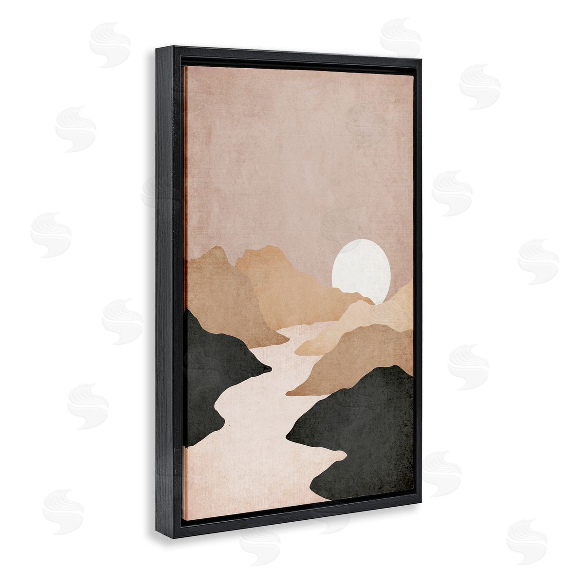 JJ Design House LLC Beige Mountains with Stream Black Floating Frame Canvas Wall Art Print