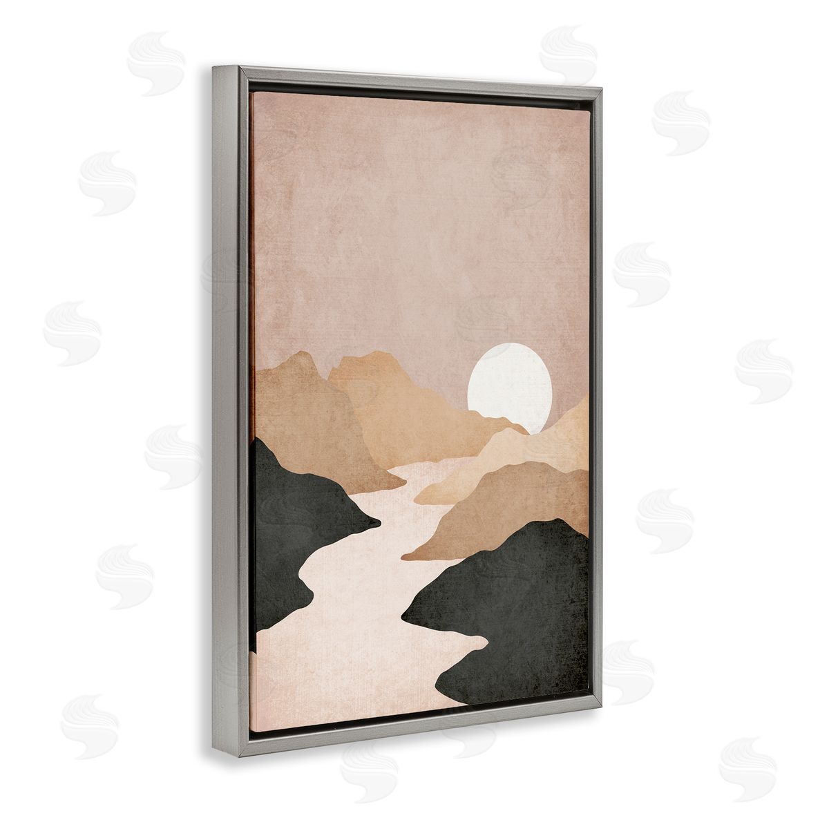JJ Design House LLC Beige Mountains with Stream Gray Floating Frame Canvas Wall Art Print