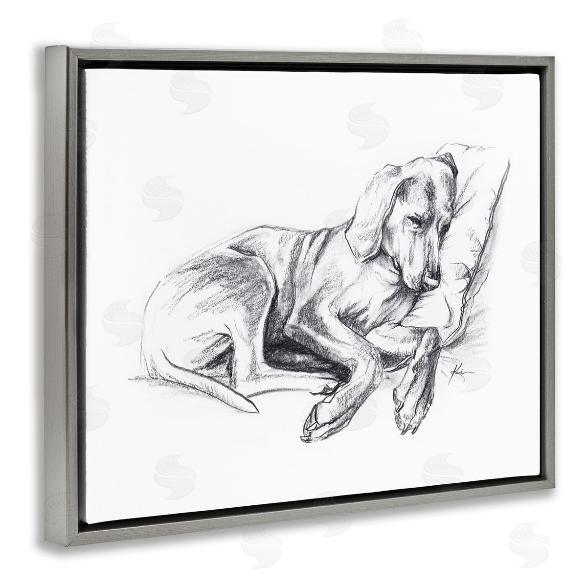 Lindsay Kivi Fine Art Napping Dog Drawing Gray Floating Frame Canvas Wall Art Print