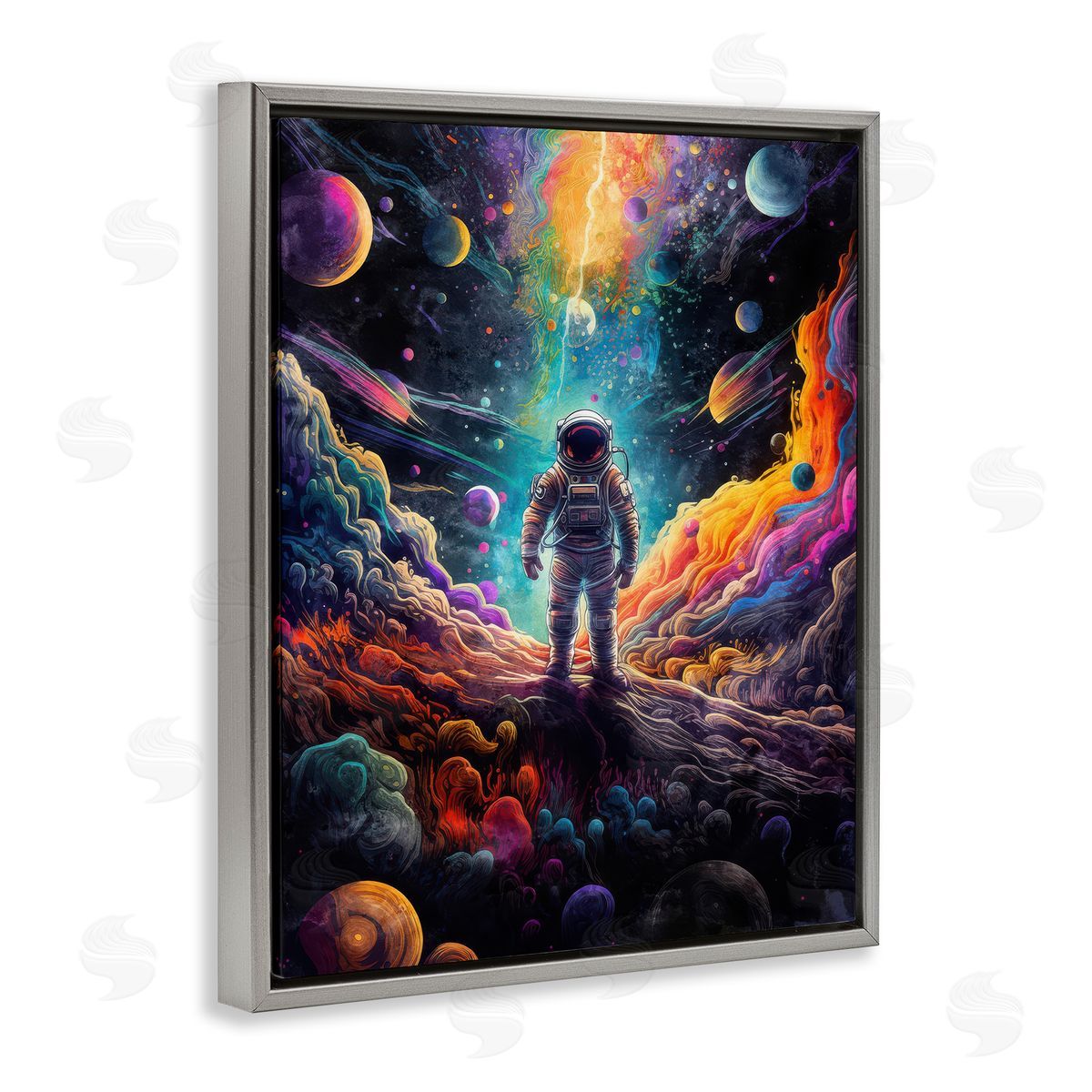 Nina Blue Astronaut on Planet Terrain Gray Floating Frame Canvas Wall Art Print