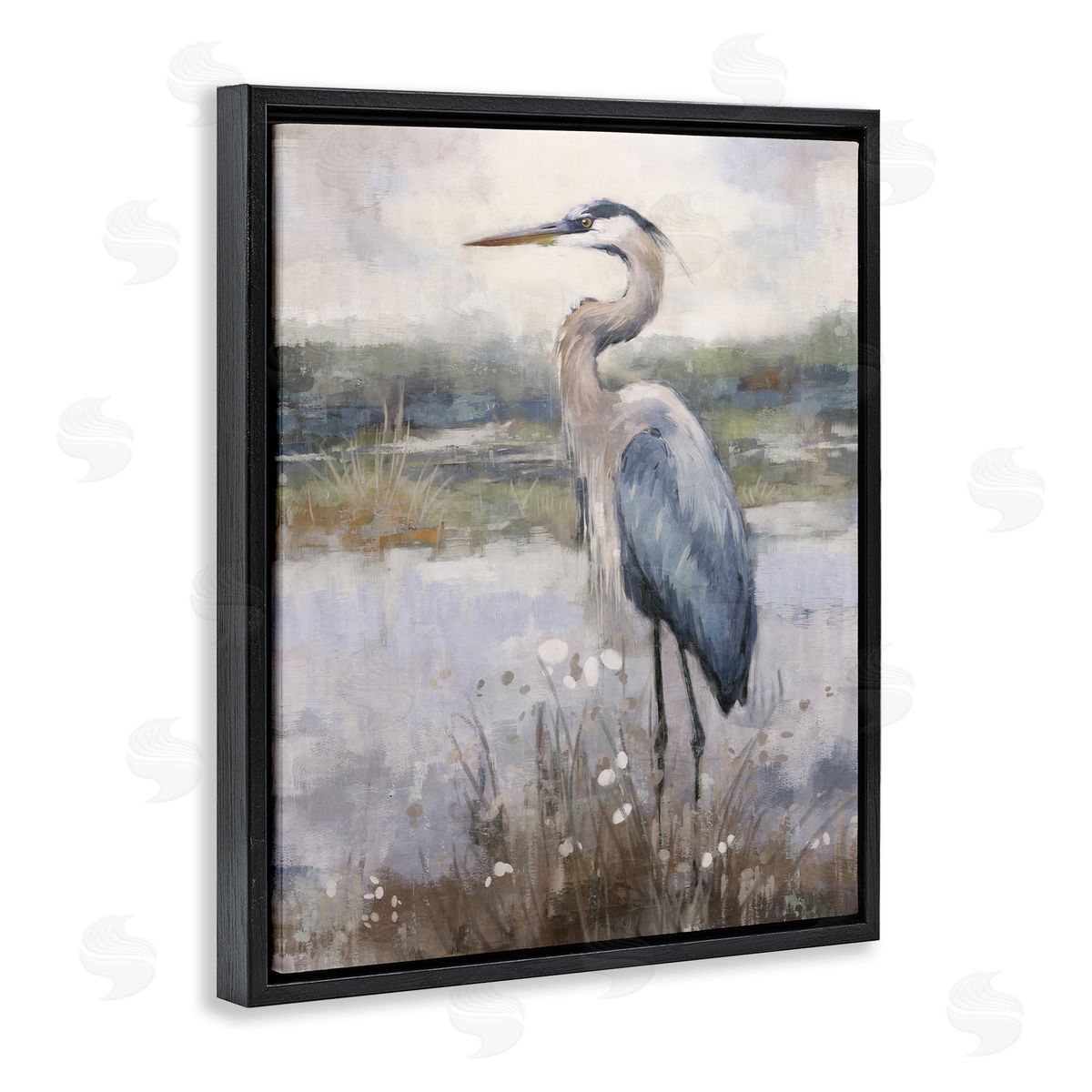 Nina Blue Coastal Heron on Riverbank Black Floating Frame Canvas Wall Art Print