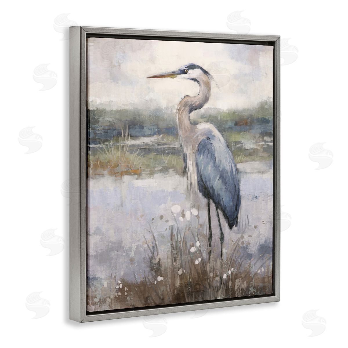 Nina Blue Coastal Heron on Riverbank Gray Floating Frame Canvas Wall Art Print