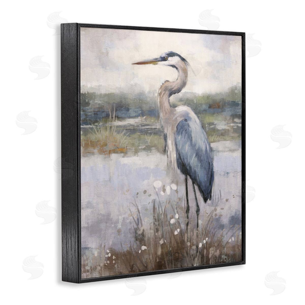 Nina Blue Coastal Heron on Riverbank Black Framed Giclee Wall Art Print