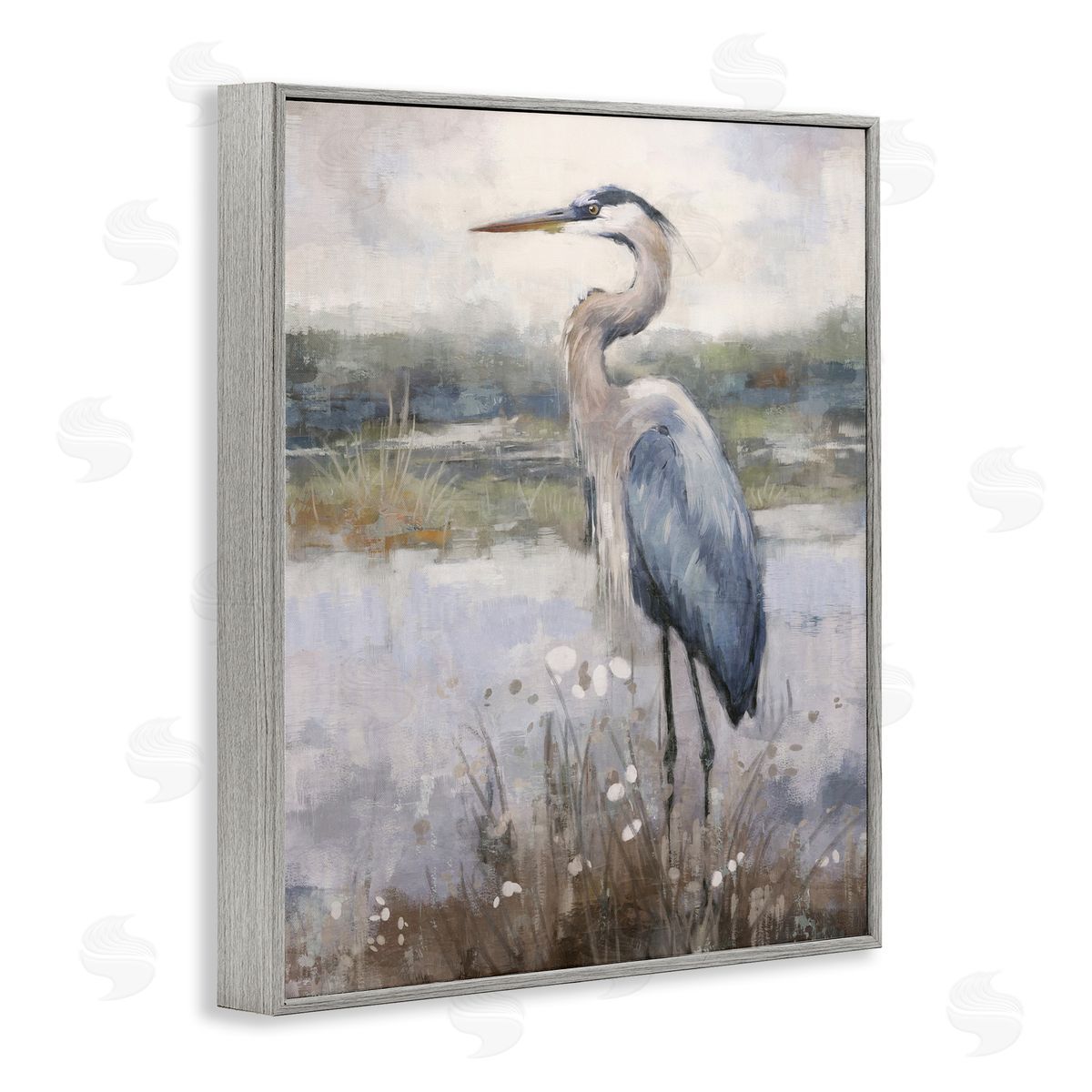 Nina Blue Coastal Heron on Riverbank Gray Framed Giclee Wall Art Print
