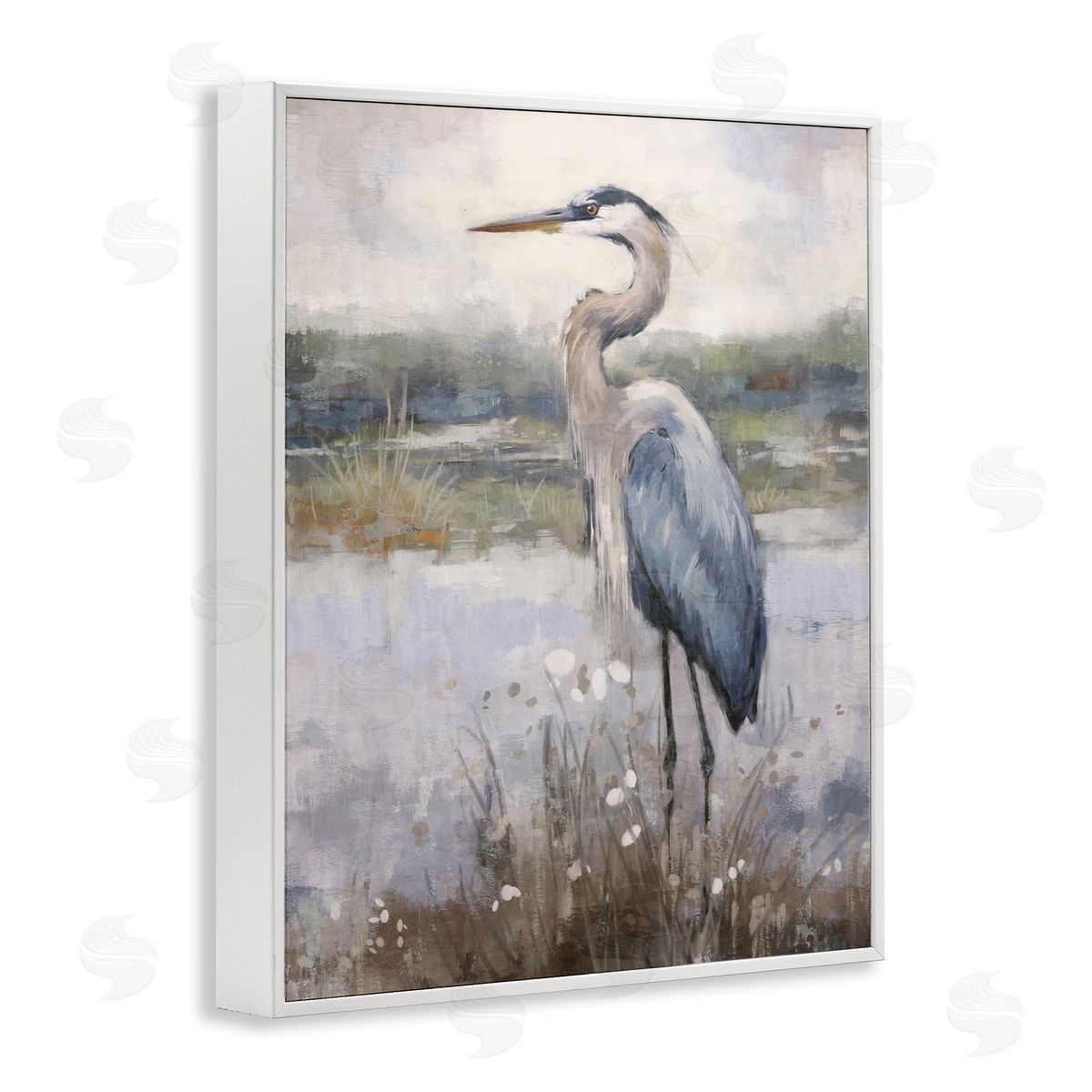 Nina Blue Coastal Heron on Riverbank White Framed Giclee Wall Art Print