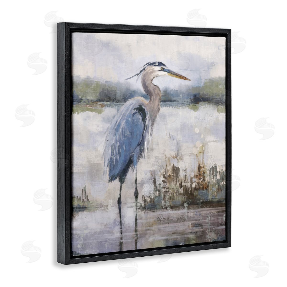 Nina Blue Coastal Sea Heron Black Floating Frame Canvas Wall Art Print