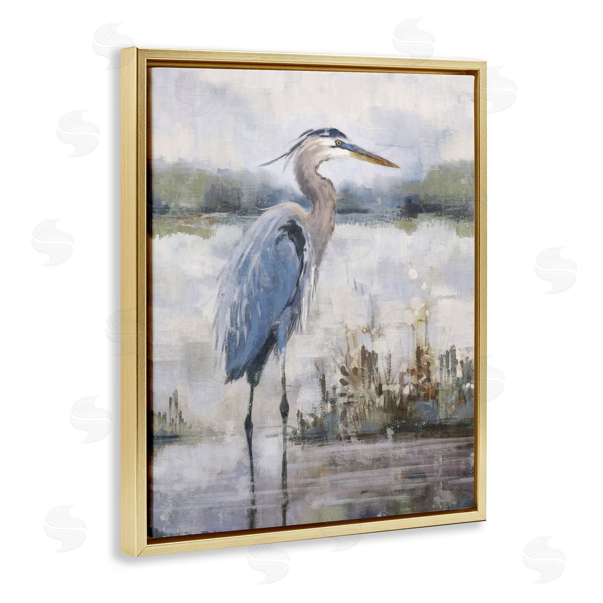 Nina Blue Coastal Sea Heron Gold Floating Frame Canvas Wall Art Print