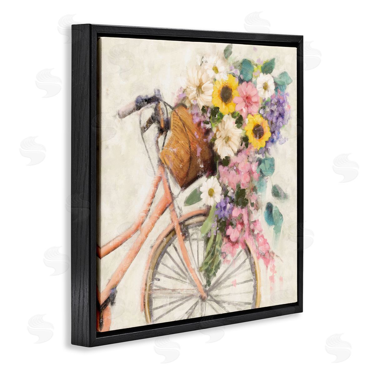 Nina Blue Flower Swathed Bicycle Black Floating Frame Canvas Wall Art Print