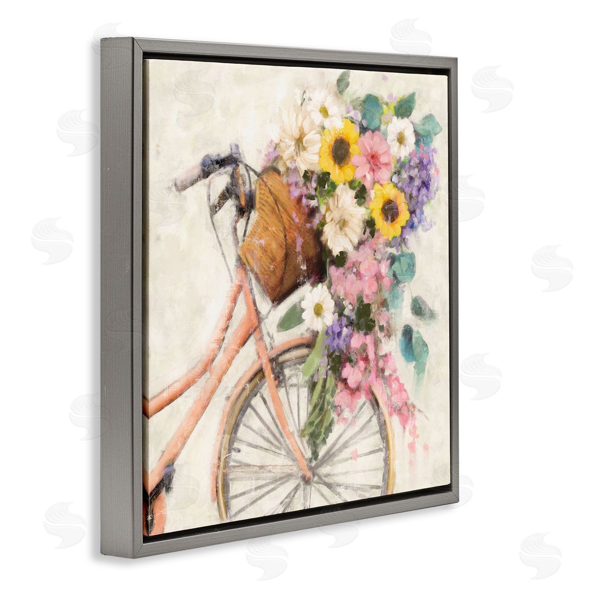 Nina Blue Flower Swathed Bicycle Gray Floating Frame Canvas Wall Art Print