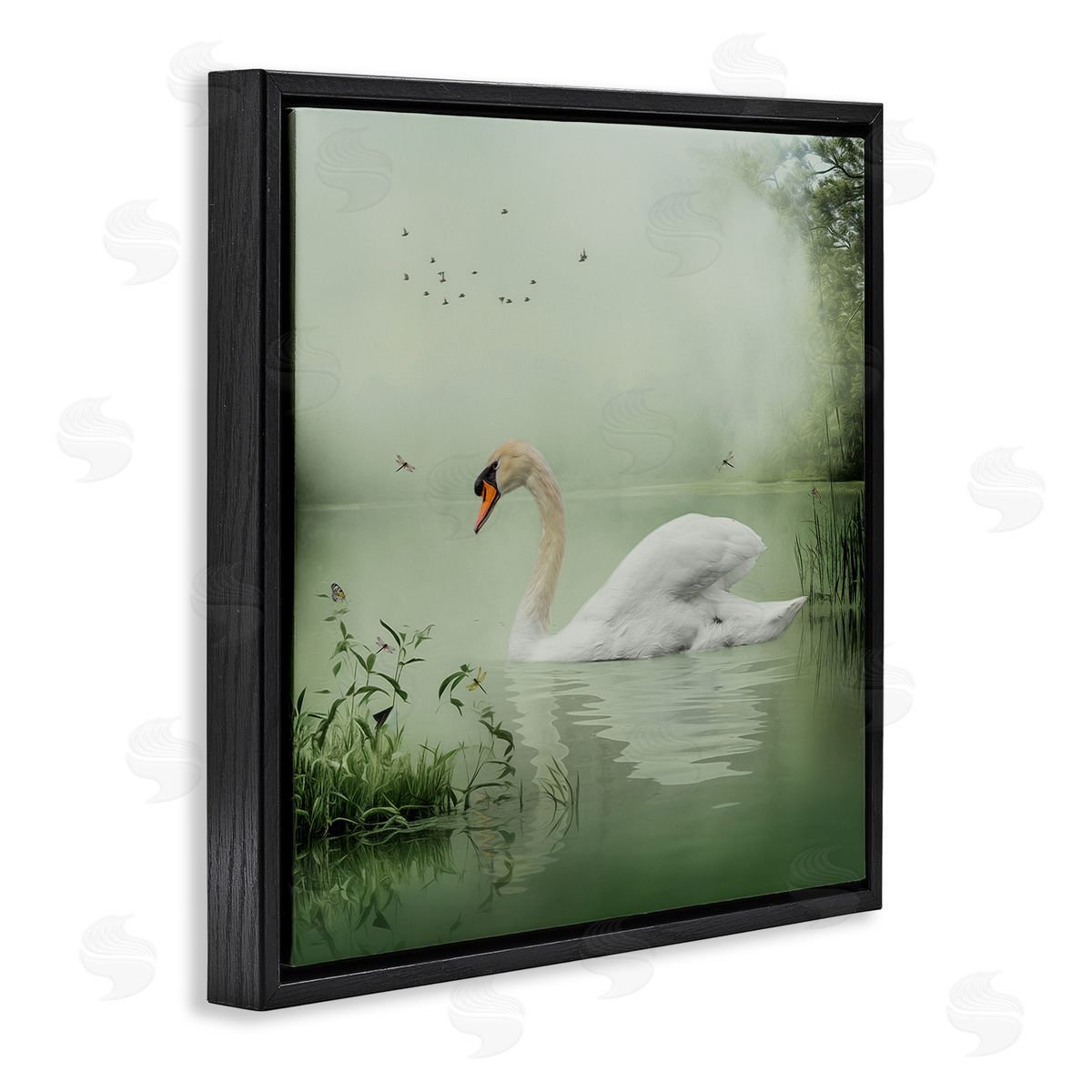 Kelley Parker Swan's Sanctuary Misty Lake Black Floating Frame Canvas Wall Art Print