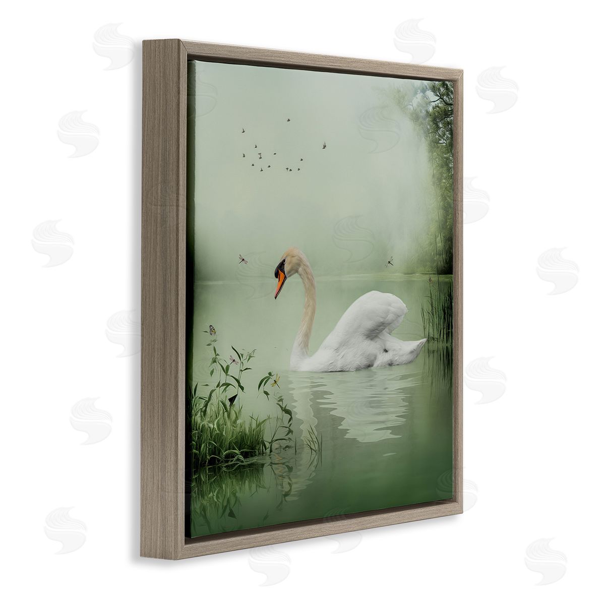 Kelley Parker Swan's Sanctuary Misty Lake Brown Floating Frame Canvas Wall Art Print