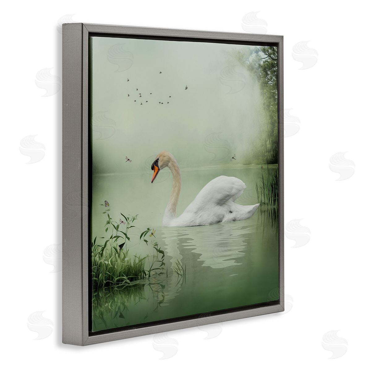Kelley Parker Swan's Sanctuary Misty Lake Gray Floating Frame Canvas Wall Art Print