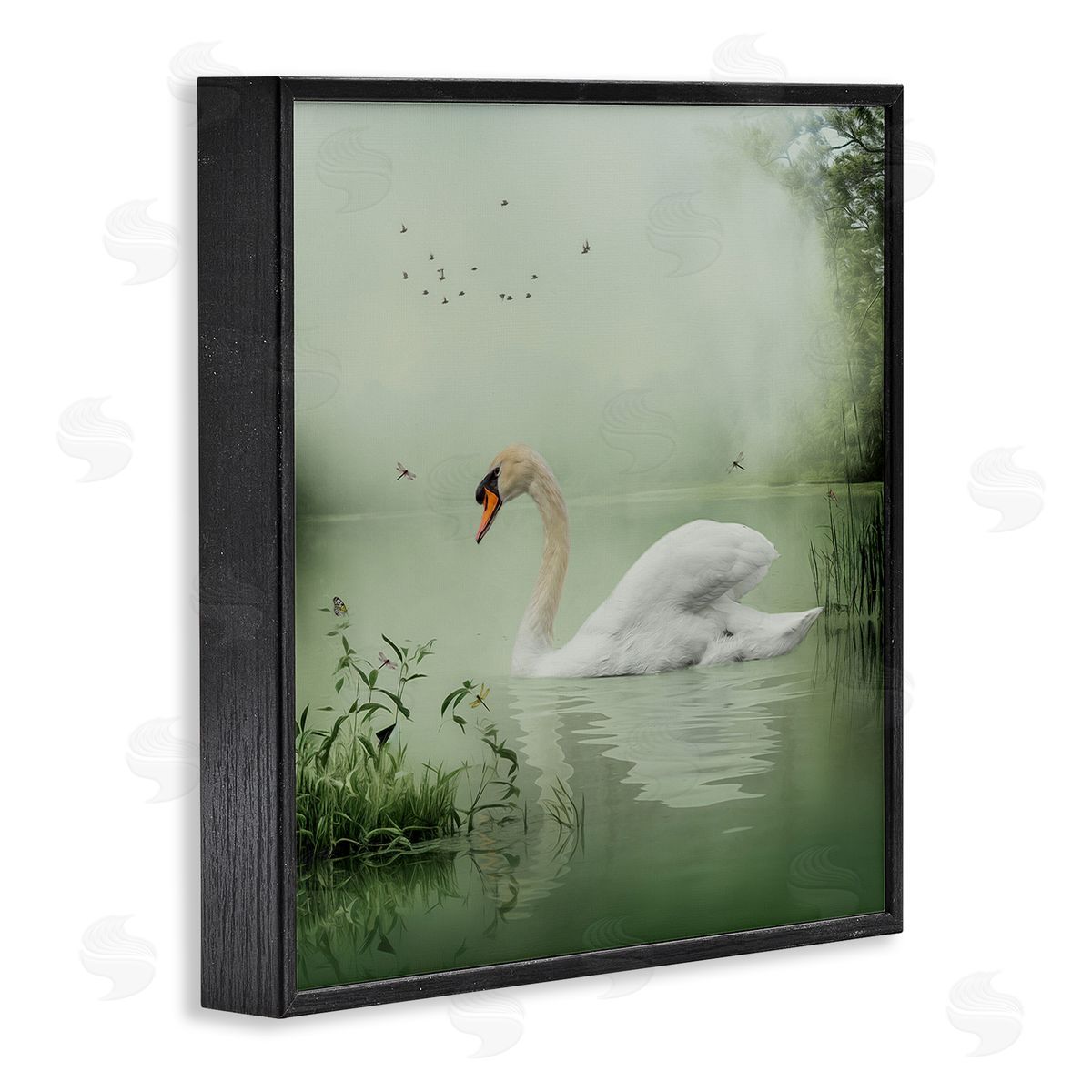 Kelley Parker Swan's Sanctuary Misty Lake Black Framed Giclee Wall Art Print
