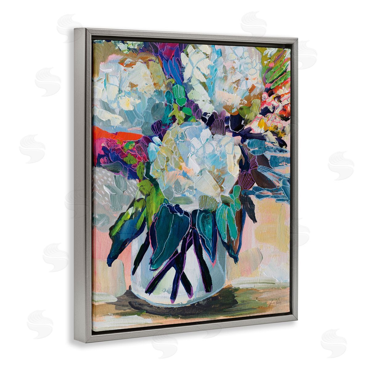 Jeanette Vertentes Summer Blooming Bouquet Gray Floating Frame Canvas Wall Art Print