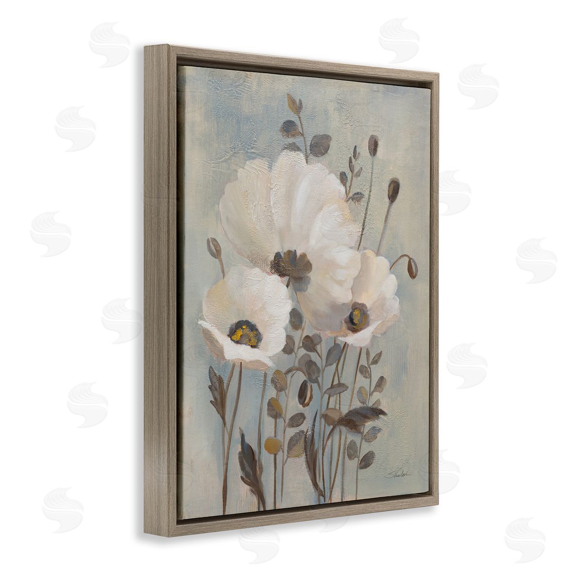 Silvia Vassileva Neutral Poppies Cluster Brown Floating Frame Canvas Wall Art Print