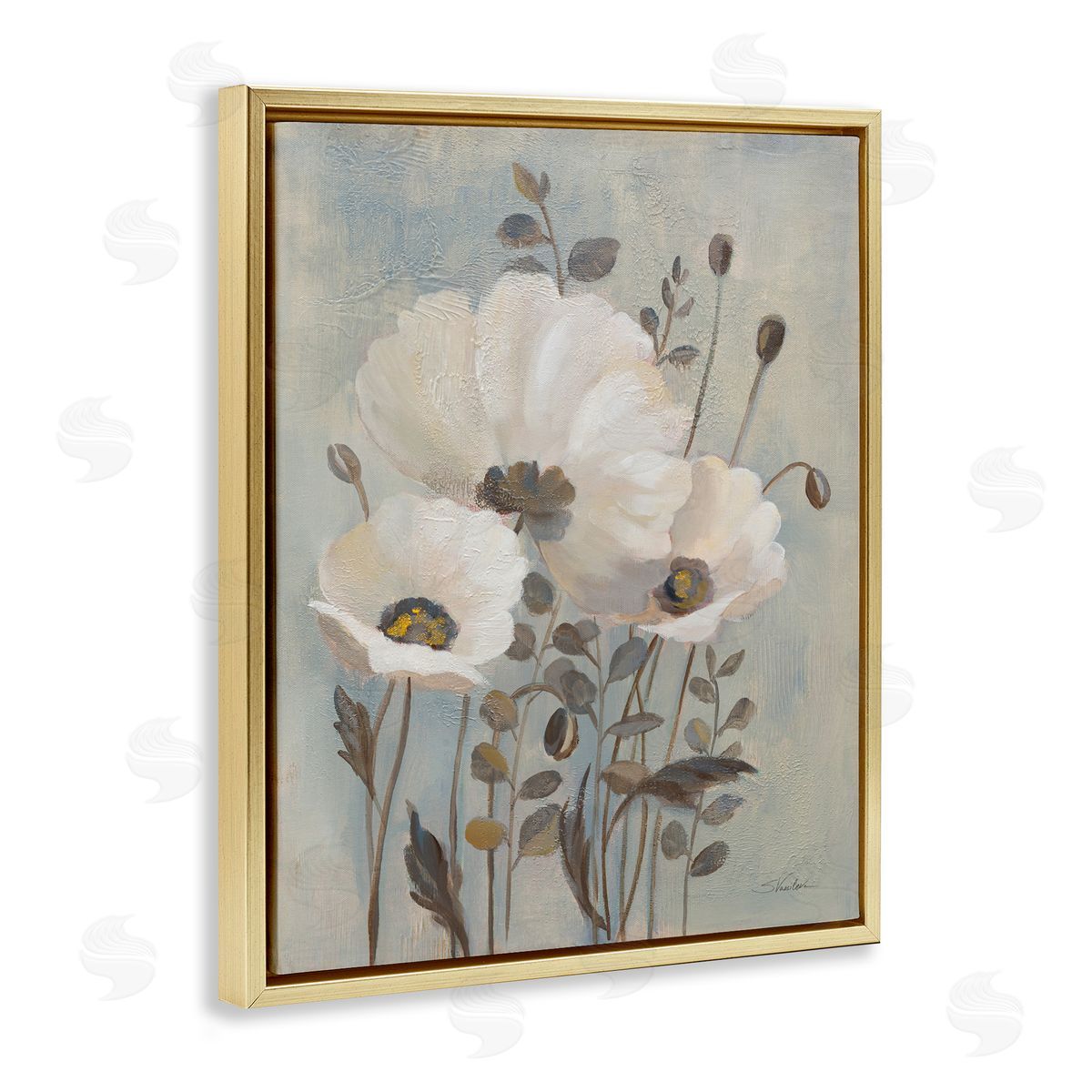 Silvia Vassileva Neutral Poppies Cluster Gold Floating Frame Canvas Wall Art Print