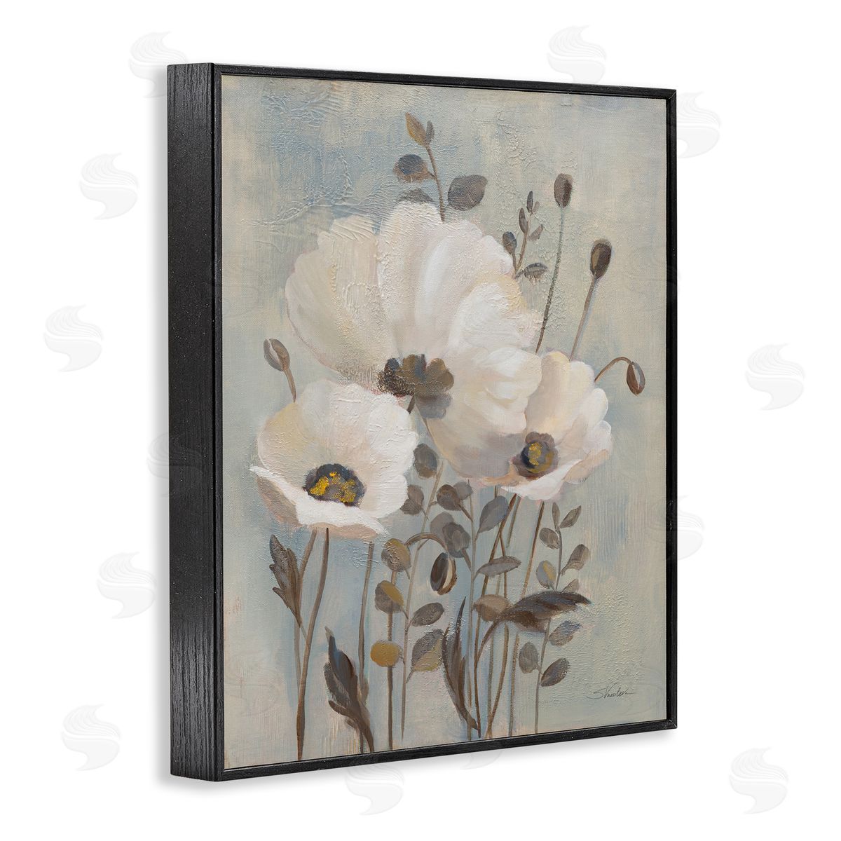 Silvia Vassileva Neutral Poppies Cluster Black Framed Giclee Wall Art Print