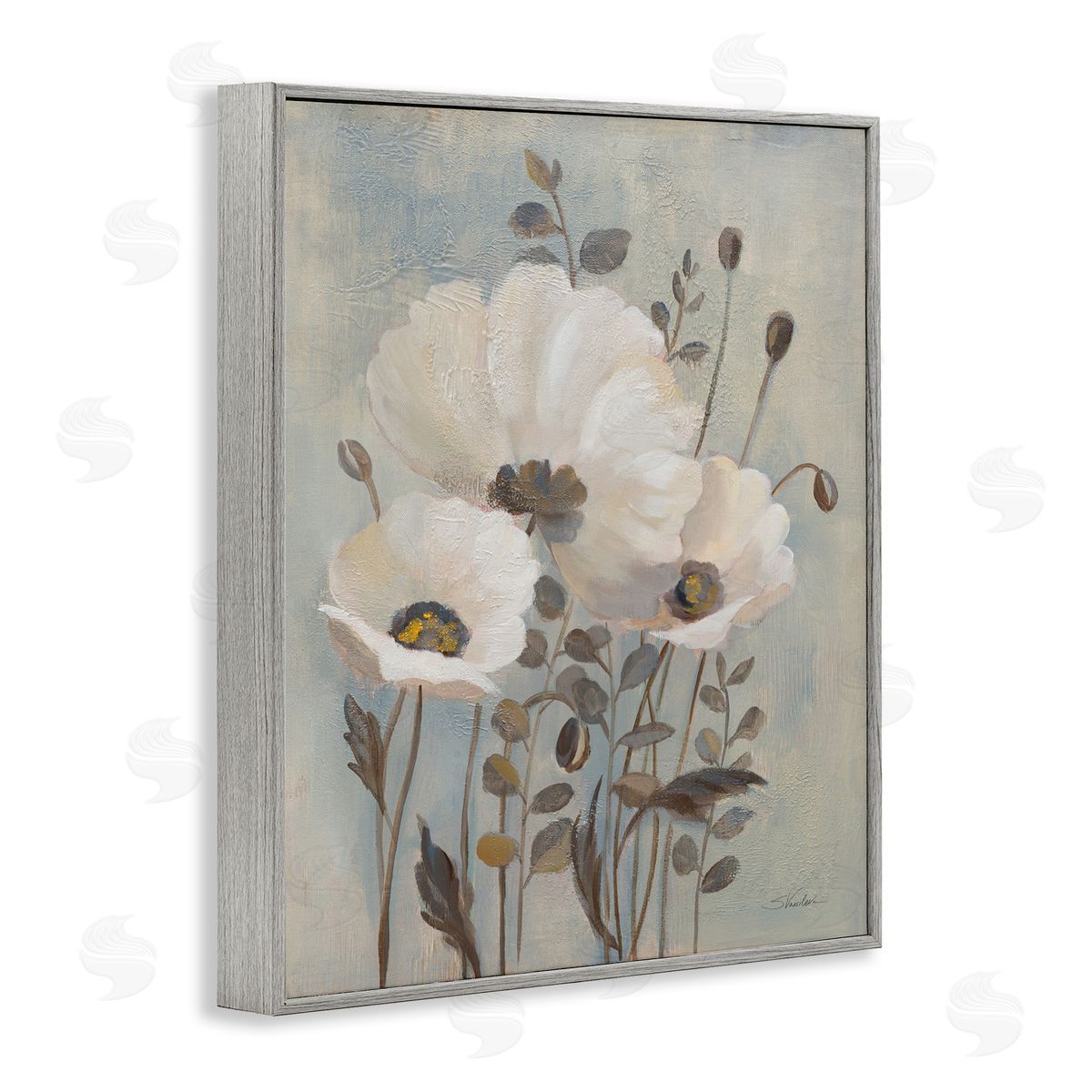 Silvia Vassileva Neutral Poppies Cluster Gray Framed Giclee Wall Art Print