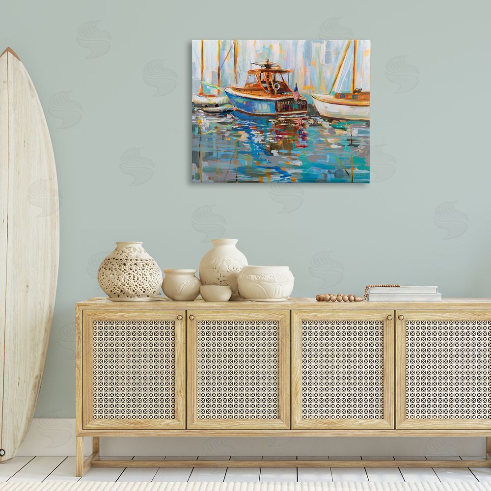 Jeanette Vertentes Old Fashioned Boat Harbor Canvas Wall Art Print in Room