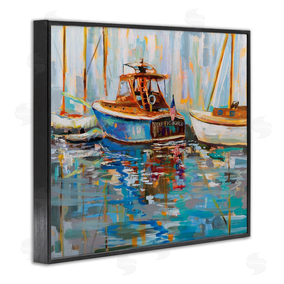 Jeanette Vertentes Old Fashioned Boat Harbor Black Framed Giclee Wall Art Print