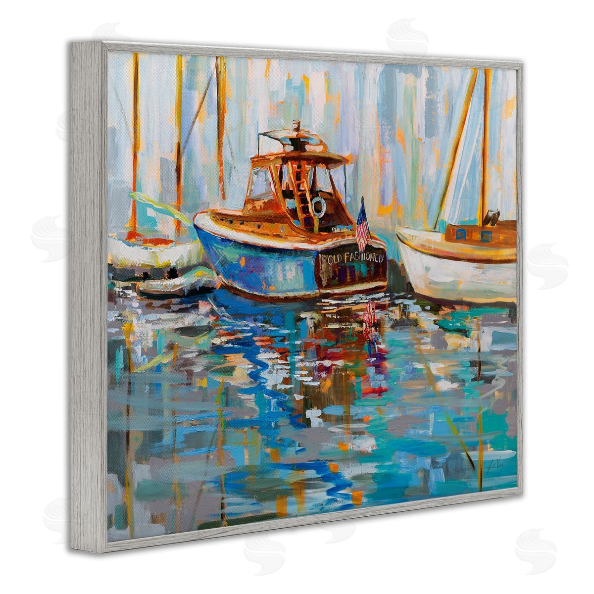 Jeanette Vertentes Old Fashioned Boat Harbor Gray Framed Giclee Wall Art Print