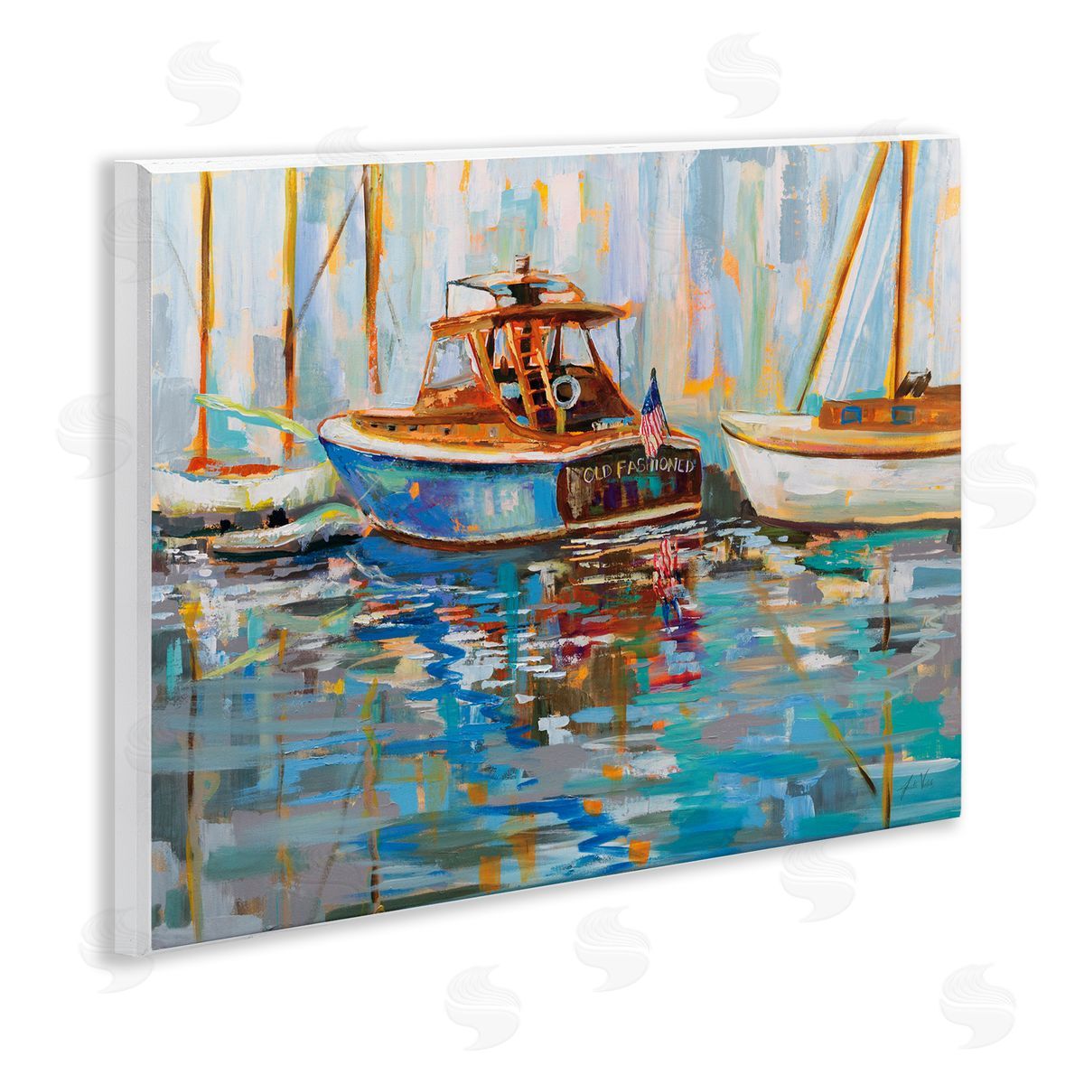 Jeanette Vertentes Old Fashioned Boat Harbor Wooden Wall Plaque Art Print