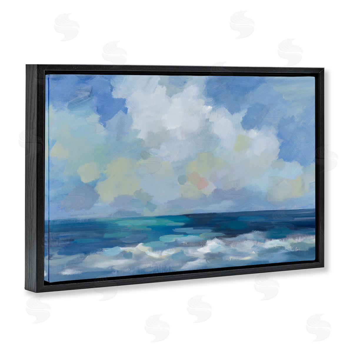 Silvia Vassileva Nautical Waves & Clouds Black Floating Frame Canvas Wall Art Print