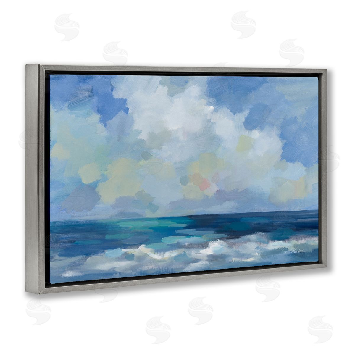 Silvia Vassileva Nautical Waves & Clouds Gray Floating Frame Canvas Wall Art Print
