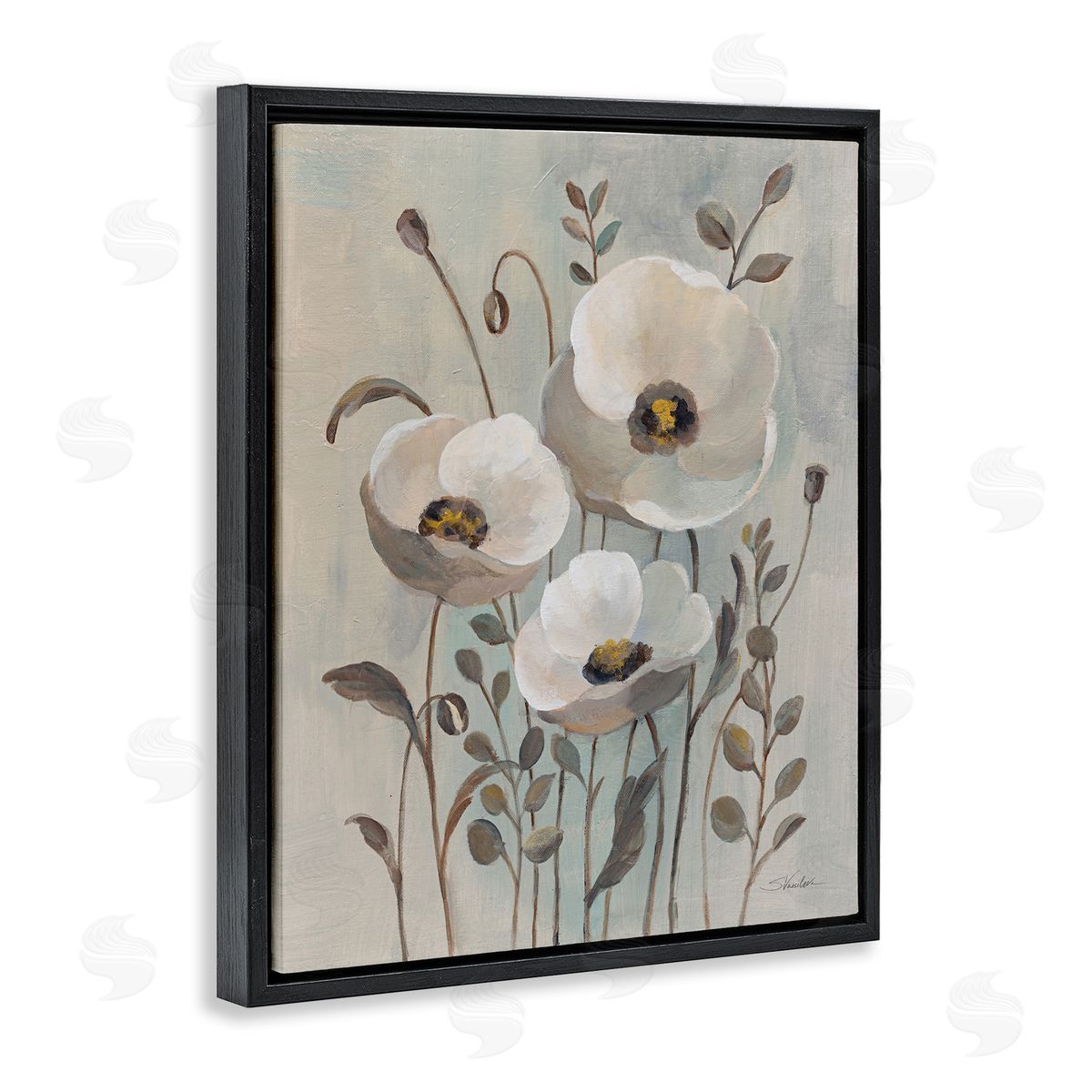 Silvia Vassileva Neutral Poppies Trio Black Floating Frame Canvas Wall Art Print