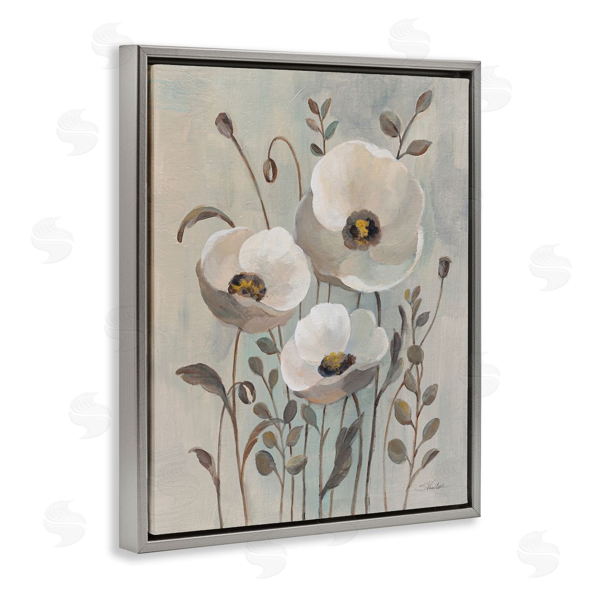 Silvia Vassileva Neutral Poppies Trio Gray Floating Frame Canvas Wall Art Print