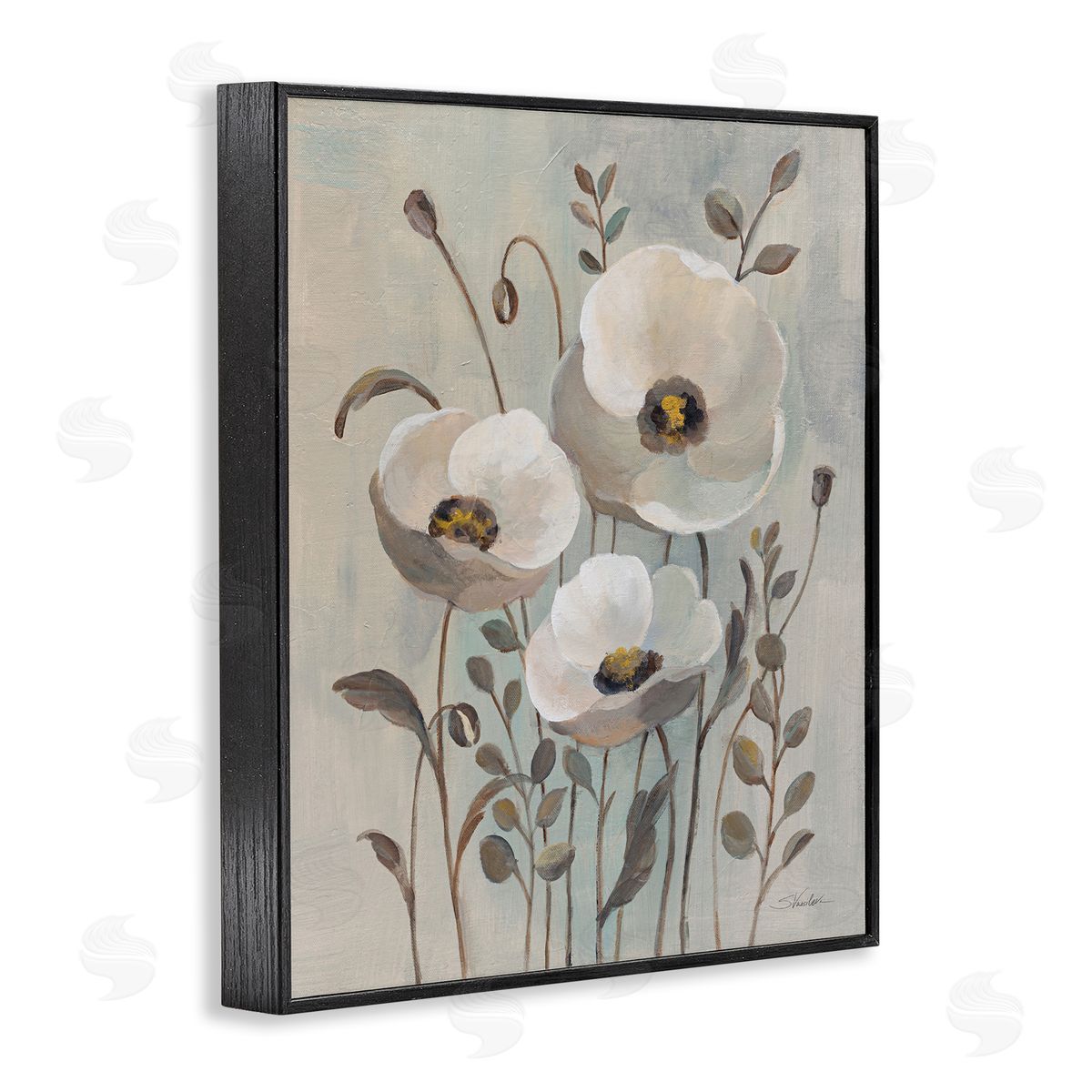 Silvia Vassileva Neutral Poppies Trio Black Framed Giclee Wall Art Print