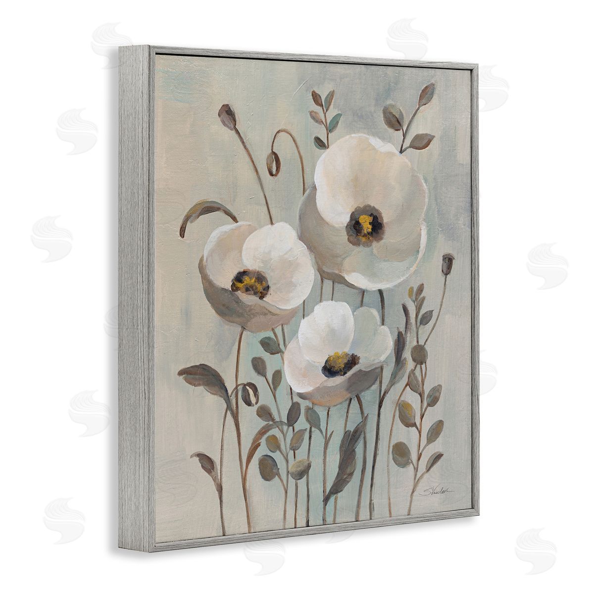 Silvia Vassileva Neutral Poppies Trio Gray Framed Giclee Wall Art Print
