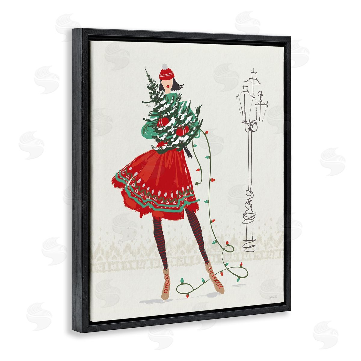 Festive Fashion Girl Black Floating Frame Canvas Wall Art, Home Decor by Anne Tavoletti