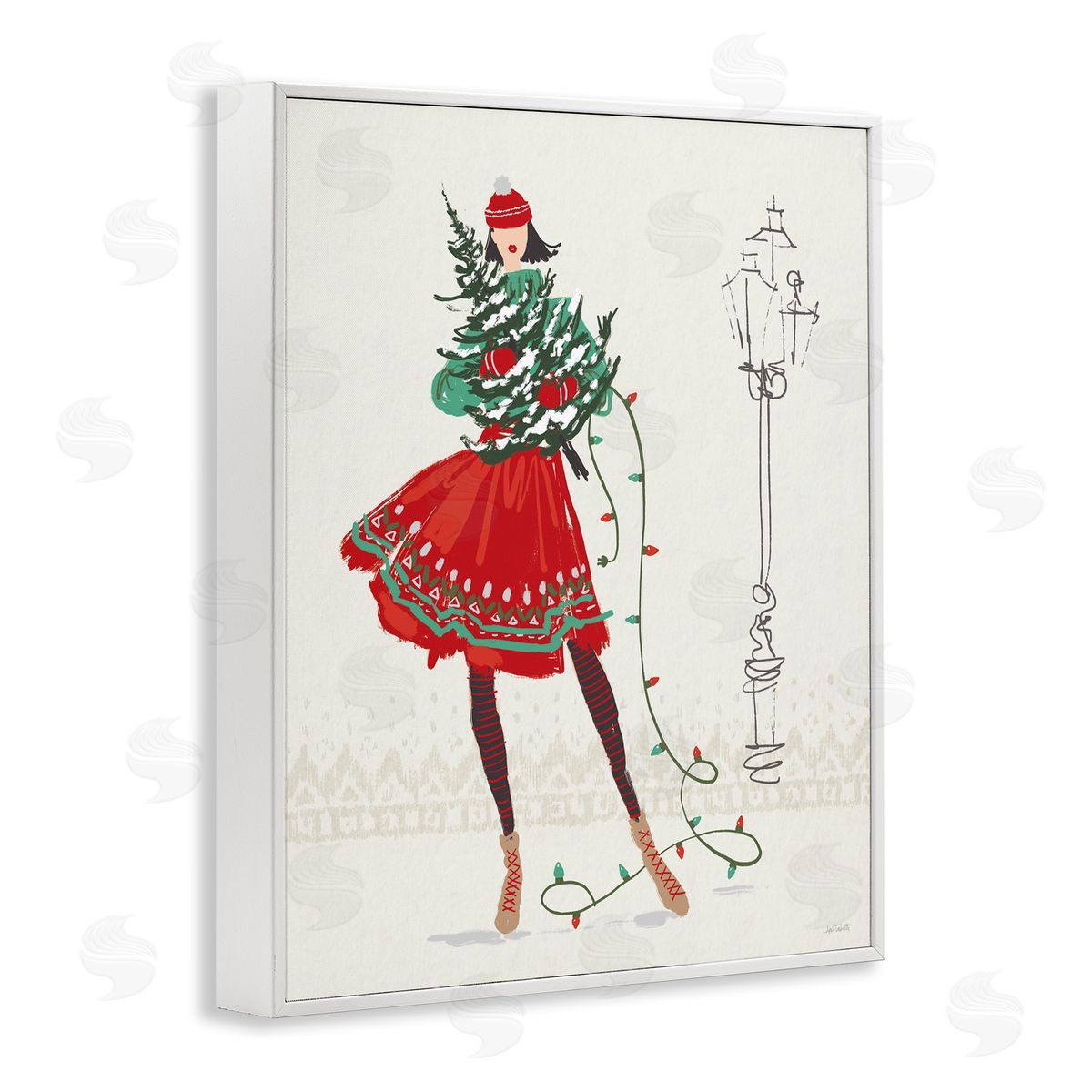 Festive Fashion Girl White Frame Print Wall Art, Home Decor by Anne Tavoletti