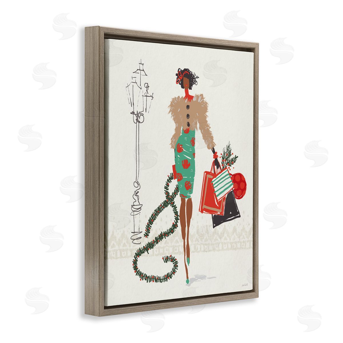 Festive Shopping Girl Brown Floating Frame Canvas Wall Art, Home Decor by Anne Tavoletti