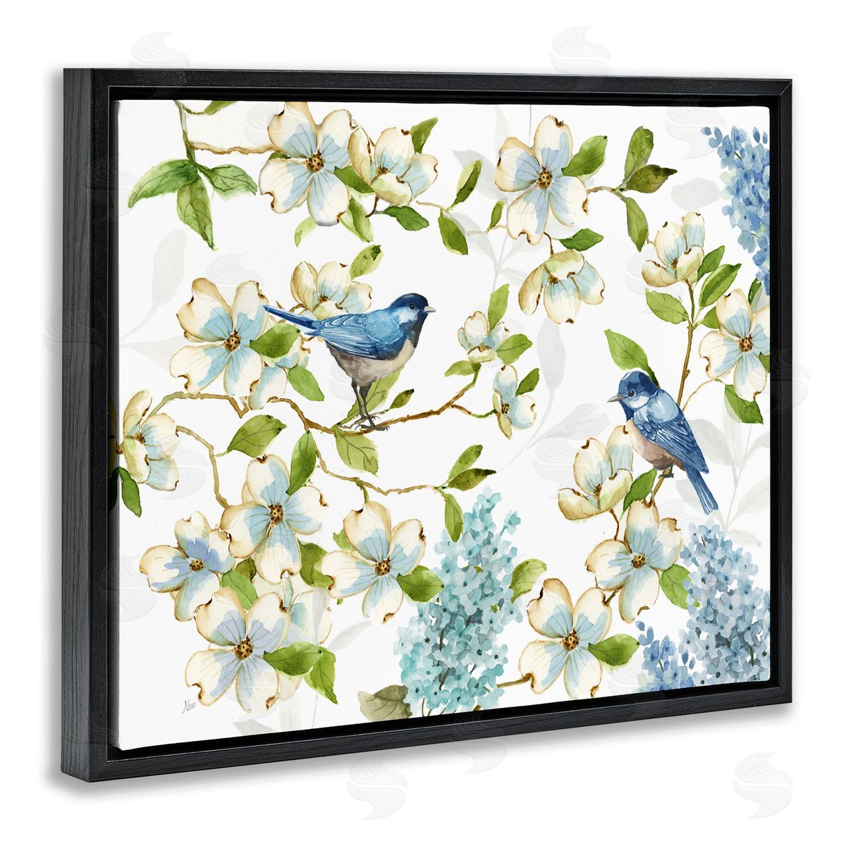 Nan Dogwood & Bluebirds Black Floating Frame Canvas Wall Art Print