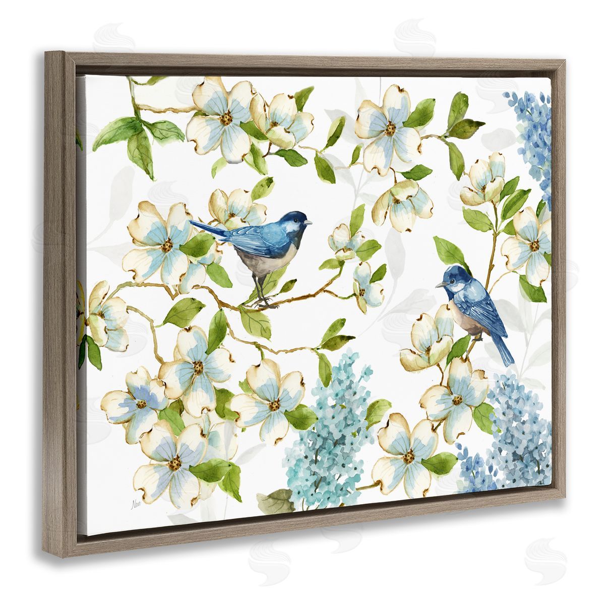 Nan Dogwood & Bluebirds Brown Floating Frame Canvas Wall Art Print