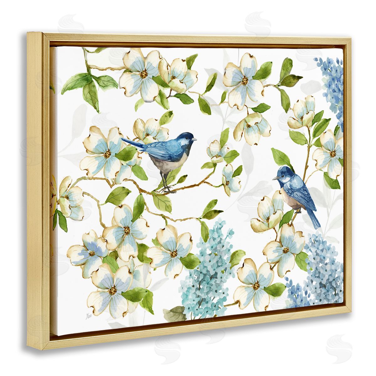 Nan Dogwood & Bluebirds Gold Floating Frame Canvas Wall Art Print