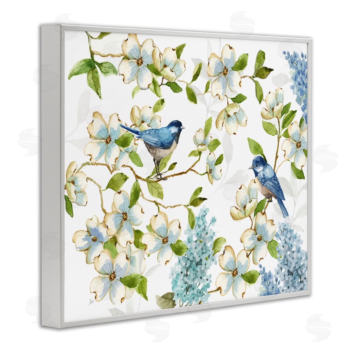 Nan Dogwood & Bluebirds White Framed Giclee Wall Art Print
