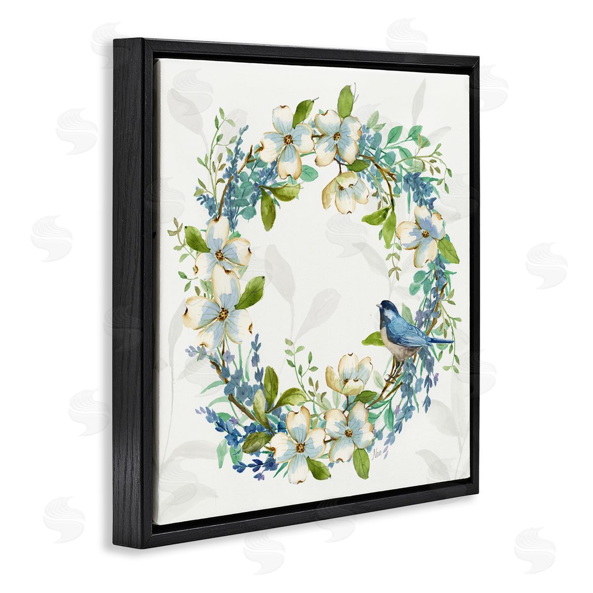 Nan Dogwood Wreath & Bluebirds Black Floating Frame Canvas Wall Art Print