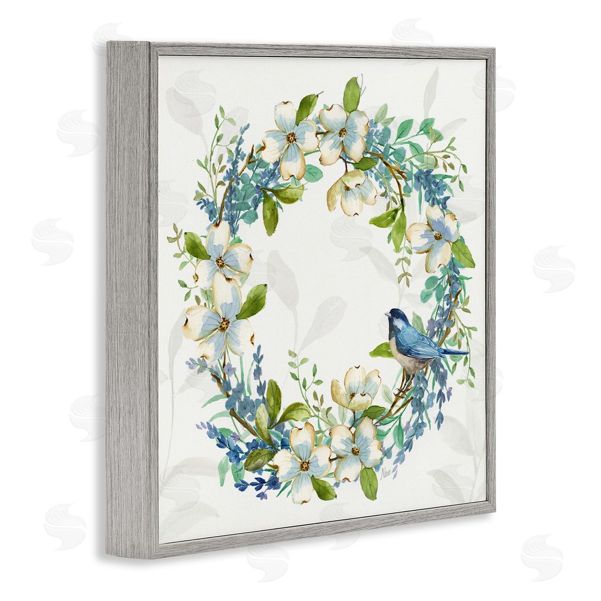 Nan Dogwood Wreath & Bluebirds Gray Framed Giclee Wall Art Print