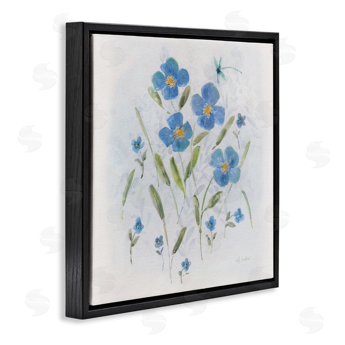 Sally Swatland Dragonfly & Blue Florals Black Floating Frame Canvas Wall Art Print