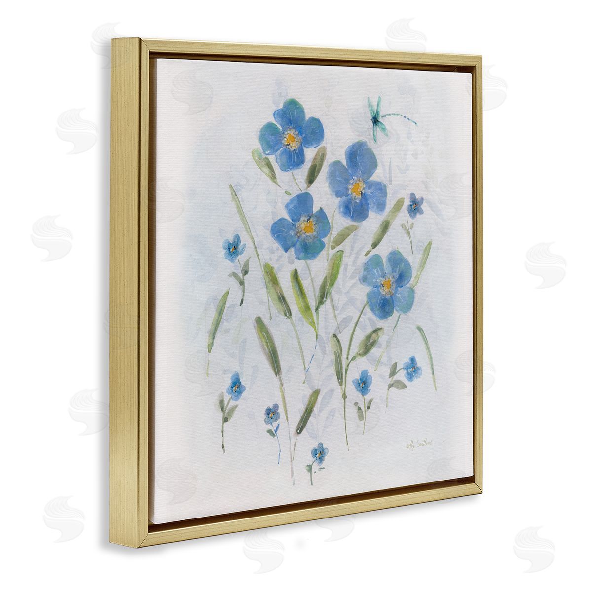 Sally Swatland Dragonfly & Blue Florals Gold Floating Frame Canvas Wall Art Print