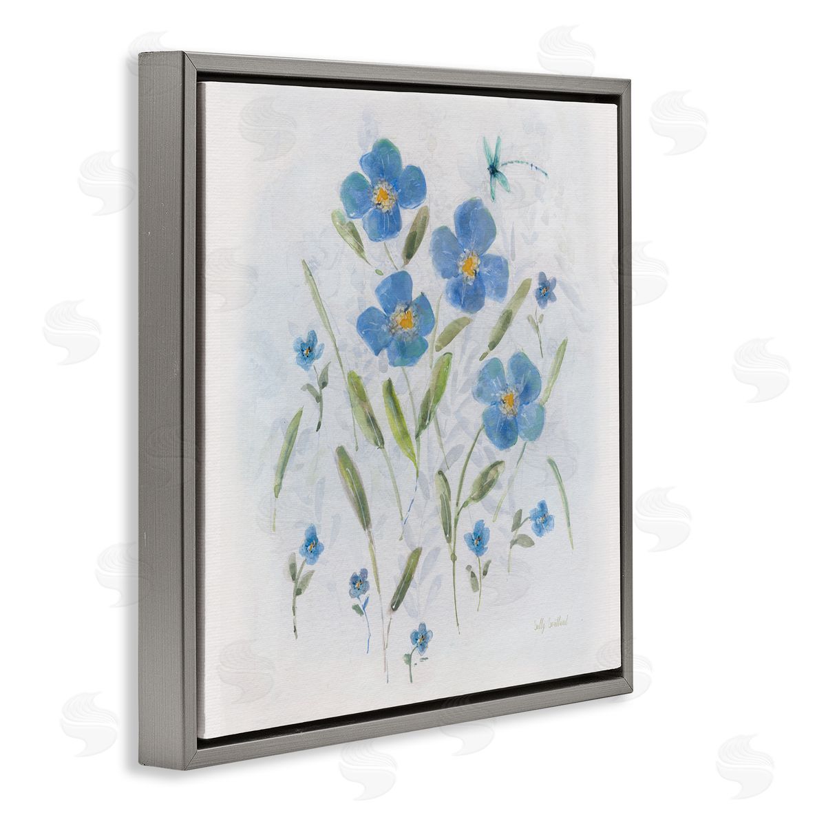 Sally Swatland Dragonfly & Blue Florals Gray Floating Frame Canvas Wall Art Print