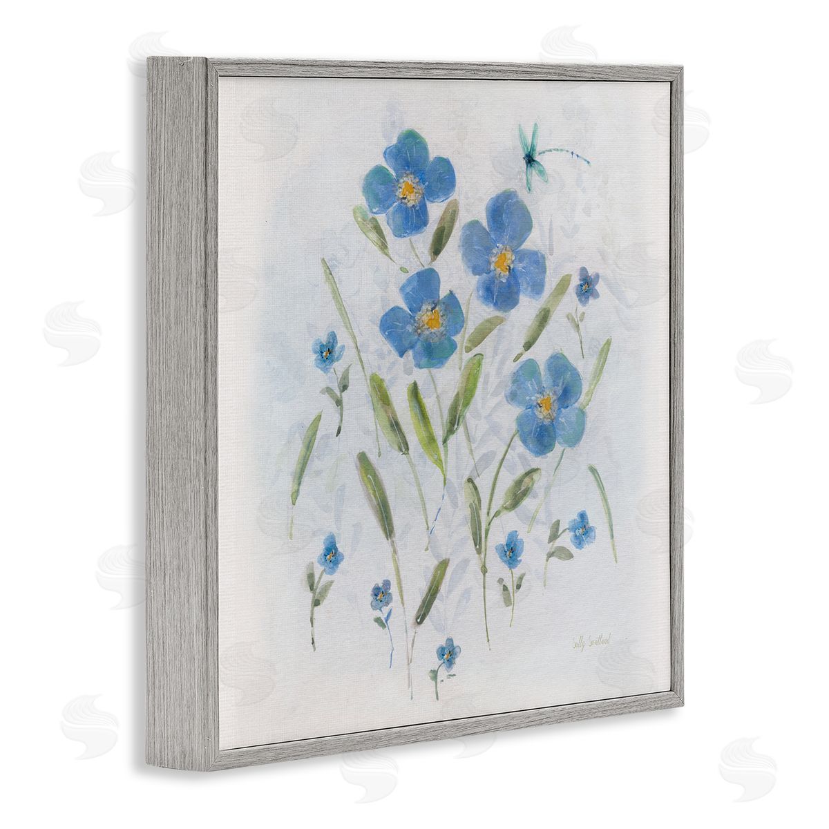 Sally Swatland Dragonfly & Blue Florals Gray Framed Giclee Wall Art Print