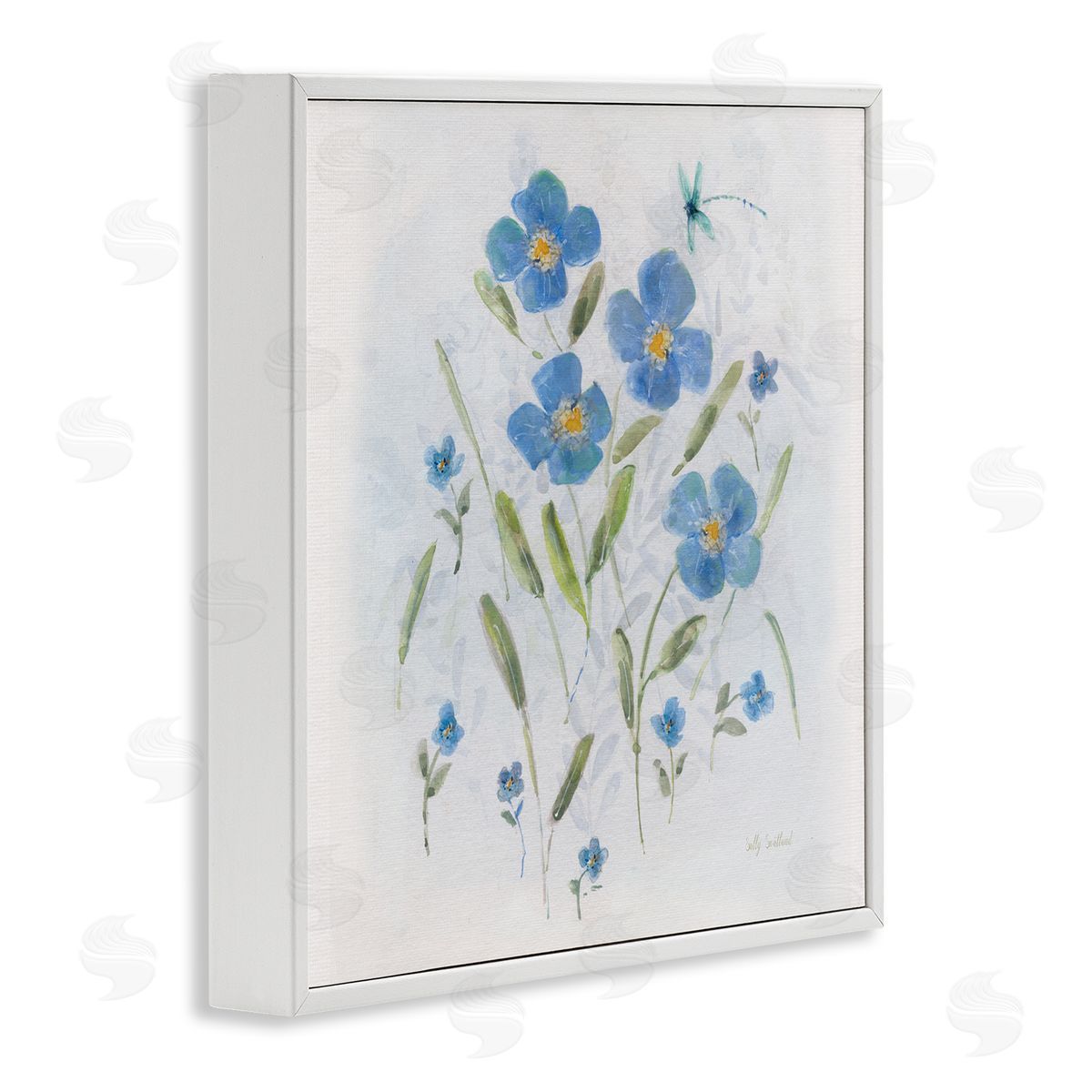 Sally Swatland Dragonfly & Blue Florals White Framed Giclee Wall Art Print