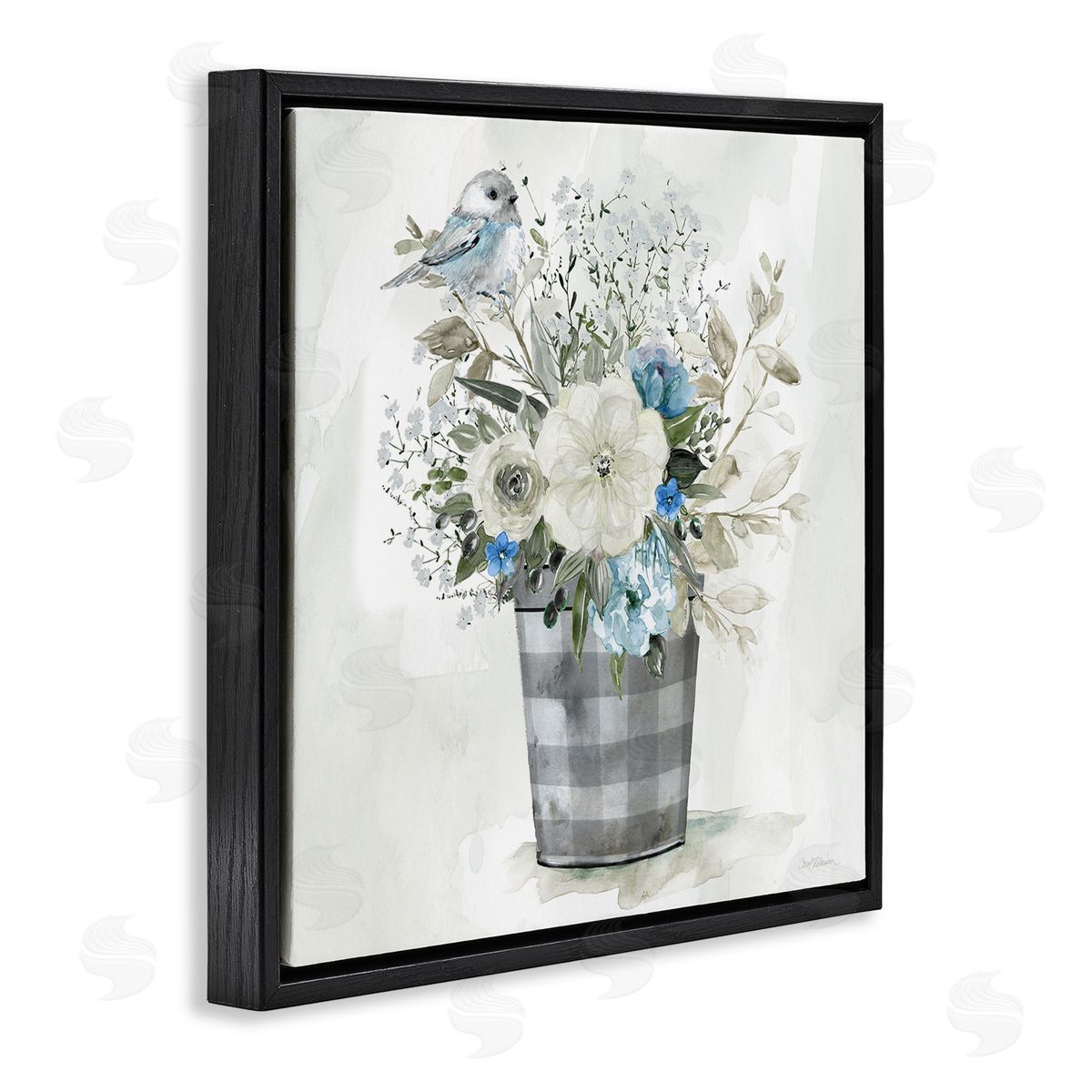 Carol Robinson Cottage Blooms Plaid Vase Black Floating Frame Canvas Wall Art Print